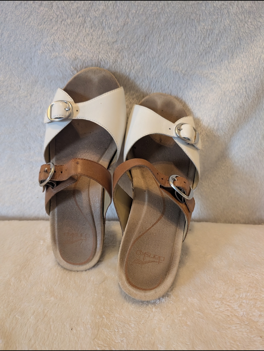Dansko Two-Tone White and Brown Buckle Slide Sandals